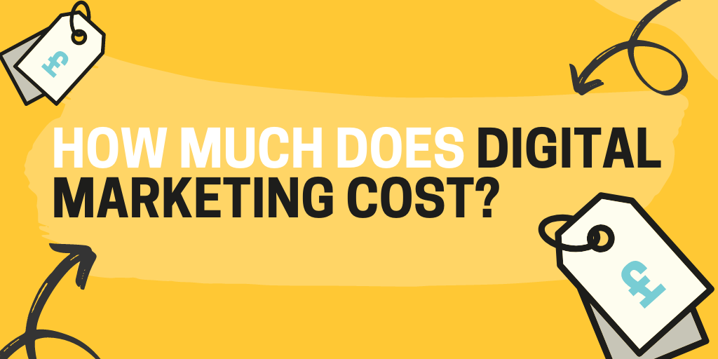 Yellow background with the text: How Much Does Digital Marketing Cost. Imagery: Vector price tags 